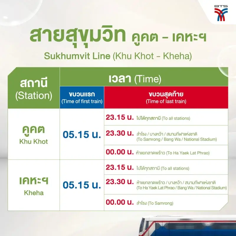 Bangkok BTS Green Line Timetable - Sukhumvit Line